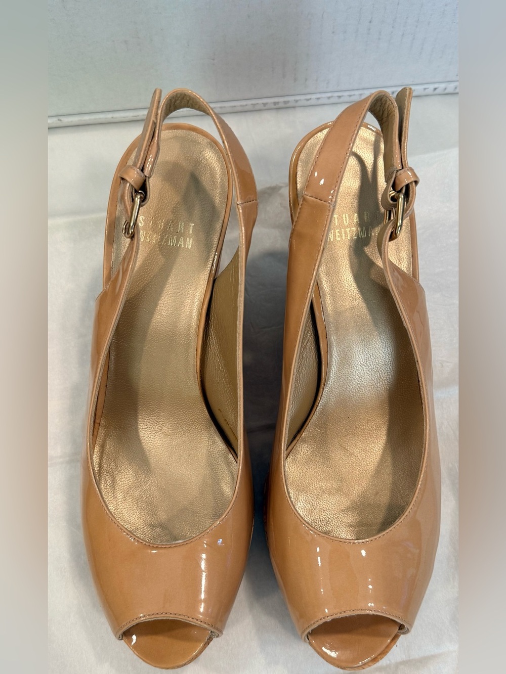Stuart Weitzman “Jean” Nude Patent Leather Cork Wedge Slingbacks – Size 8M
